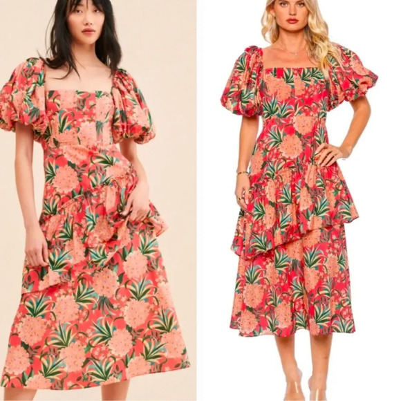 FARM Rio Red Pineapple Bloom Cut Out Puff Sleeve Minidress Size Medium NWOT